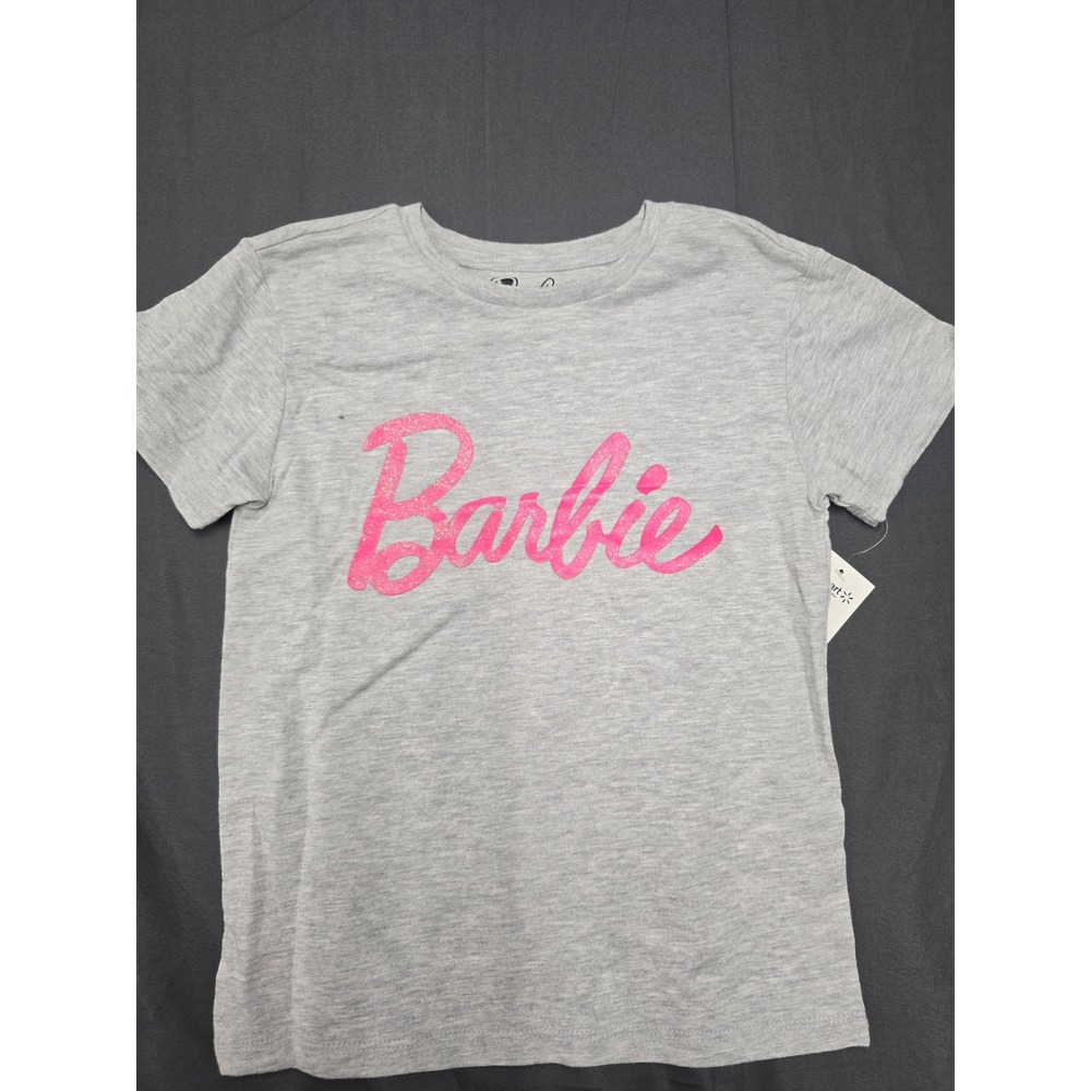 Barbie Girls Heather Gray Glitter Logo Graphic T-Shirt Short Sleeve Size 6/6X